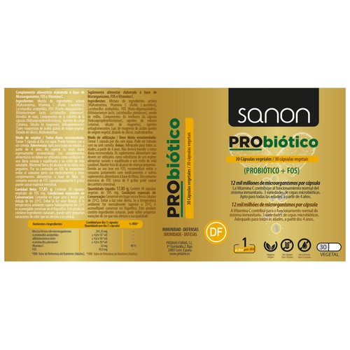 SANON Probióticos con Microorganismos, FOS y vitamina C (complemento alimenticio) 30 cápsulas vegetales.