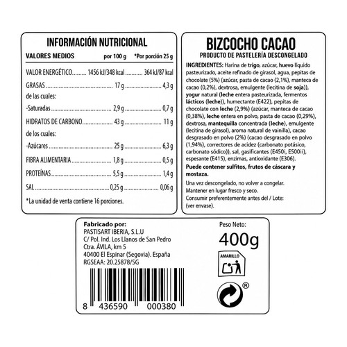 Rondo de bizcocho de cacao 400 g.