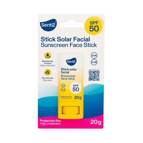 SENTI2 Stick solar facial con FPS 50 (muy alto), resistente al agua y que no mancha 20 g.