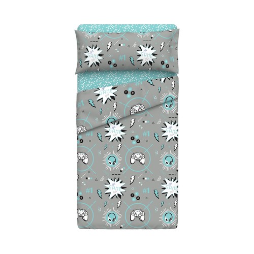 Juego de sábanas con diseño infantil gris y azul para cama de 90cm, 100% poliéster, ESSENTIAL.