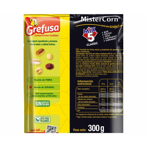 GREFUSA Cocktail frutos secos Mix 5 Classic GREFUSA MISTERCORN, bolsa maxi 300g