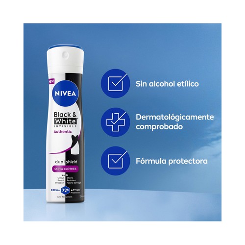 NIVEA Black & white invisible authentic Desodorante en spray para mujer, antitranspirante 72 horas 250 ml.