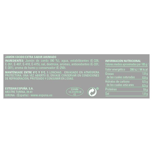ESPUÑA Jamón cocido reserva sin fosfatos añadidos, ni gluten 120 g.