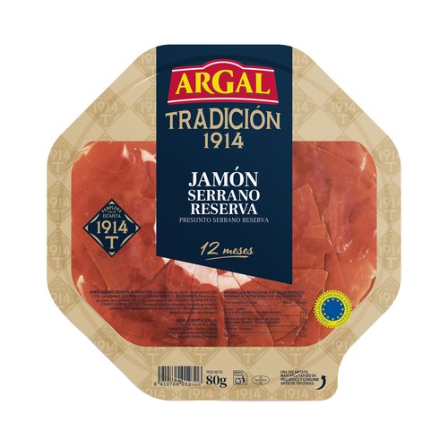 ARGAL Tradición 1914 Jamón serrano reserva (12 meses de curación), cortado en lonchas muy finas 80 g.