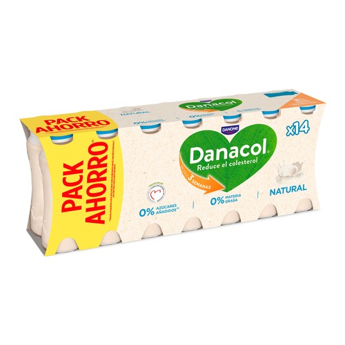 DANACOL Leche fermentada desnatada con edulcorantes,esteroles vegetales añadidos y sabor natural de Danone 14 x 100 g.