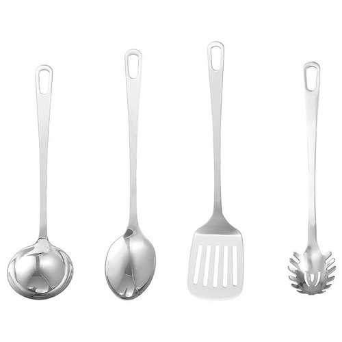 Set de 4 utensilios de acero, cuchara, espagueti, cazo, espatula, ALCAMPO.