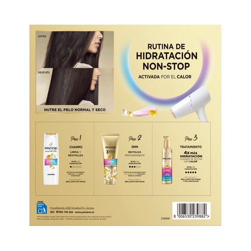 PANTENE Pro-v hydra revitaliza Estuche con champú (325ml), acondicionador (220 ml) y crema de peinado (135 ml), para cabellos muy secos.