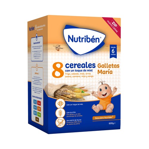 NUTRIBÉN Papilla en polvo con 8 cereales, miel y galleta María a partir de 6 meses NUTRIBÉN 600 g.