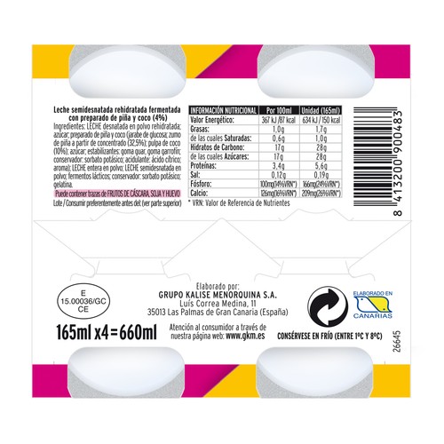 KALISE Yogur líquido con coco y piña, sin gluten y bajo en grasa  Kaliglub 4 x 165 ml.
