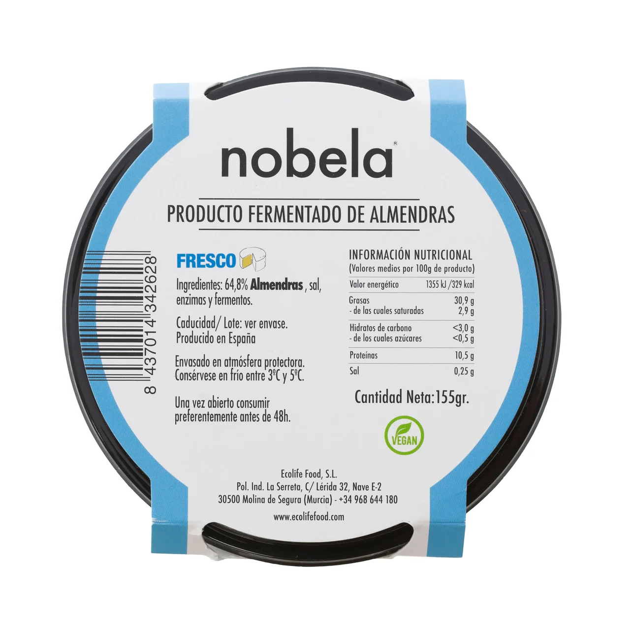 Queso vegano elaborado con almendra marcona, libre de leche animal 155 g.