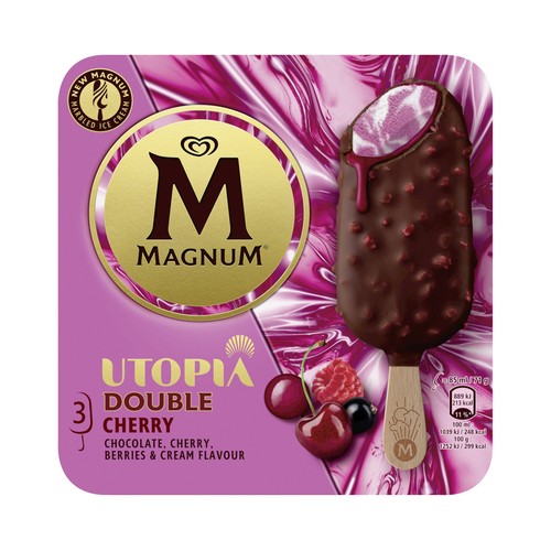 MAGNUM Utopia doble cherry Helado de frutas del bosque, nata y salsa de guinda, recubierto chocolate con leche 3 x 85 ml.