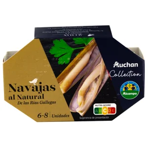 AUCHAN COLLECTION Navajas al natural (6 - 8) de las Rías Gallegas lata 63 g. Producto alcampo