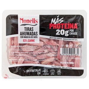 Imagen de MONELLS Más proteína Tiras de bacon ahumadas con madera de haya 100 g.