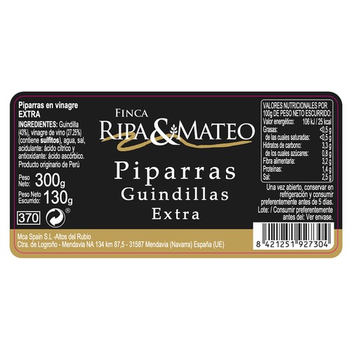 FINCA RIPA & MATEO Piparras guindillas en vinagre 130 g.