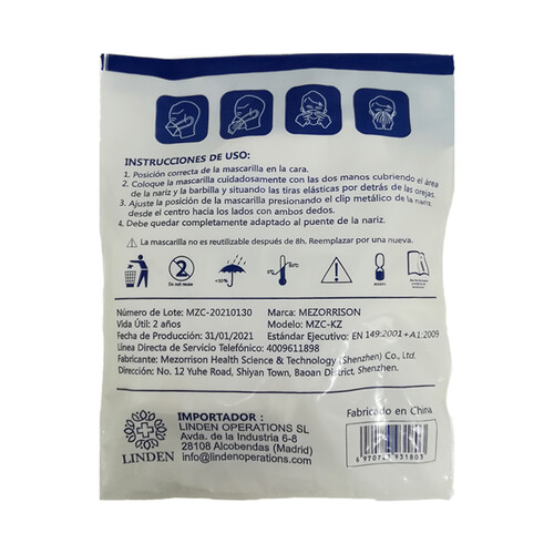 LINDEN Mascarilla filtrante ffp2 (99% de eficiencia), no reutilizable LINDEN.5 uds.