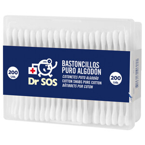 Imagen de DR. SOS Bastoncillos de algodón 100% suaves y flexibles, ideales para la higiene de los oidos DR. SOS 200 uds