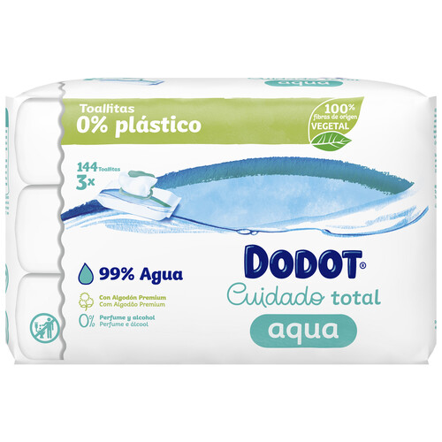 DODOT Toallitas húmedas para bebé con fibras 100% de origen vegetal DODOT Cuidado total aqua 3 x 48 uds.