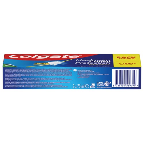 COLGATE Maximum caries protection Pasta de dientes para un esmalte 4 veces más fuerte 2 x 75 ml.