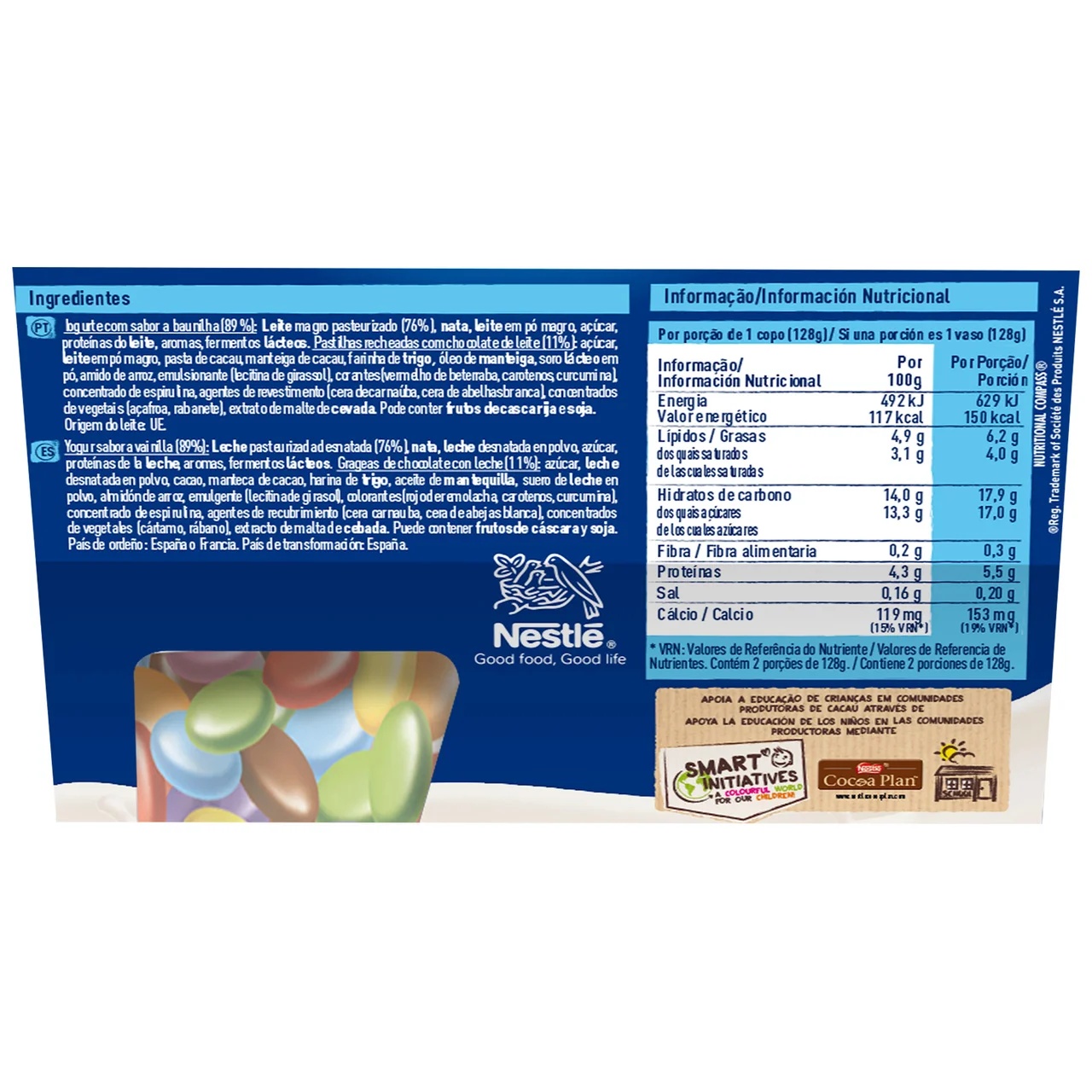 Yogur de vainilla con grageas de chocolate con leche Smarties mix-in 2 x 128 g.