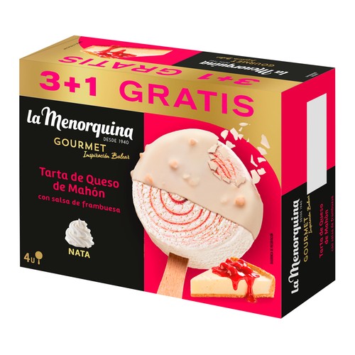 LA MENORQUINA Gourmet inspiración balear Bombón de nata, tarta queso de Mahón y salsa frambuesa 3 x 75 ml.