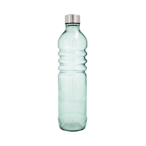 Botella de vidrio color verde con relieve en su parte media, tapón metálico de rosca, QUID.