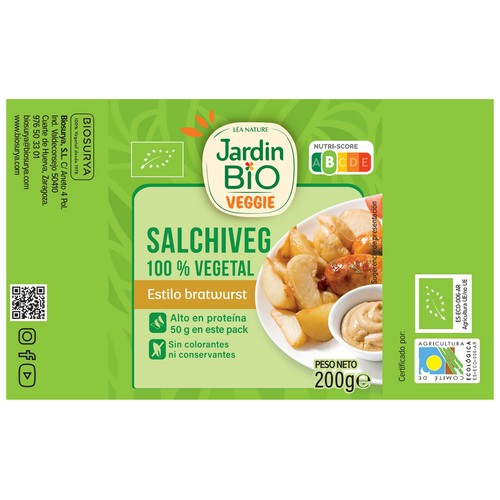 JARDÍN BIO Salchichas 100% vegetales ecológicas, estilo Bratwurst alemana 200 g.
