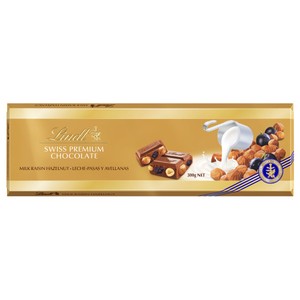 Imagen de LINDT Chocolate suizo de leche con uvas pasas y avellanas enteras 300 g.
