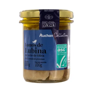 AUCHAN COLLECTION Lomos de lubina ASC en aceite de oliva tarro 130 g.