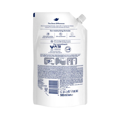 DOVE Recambio de jabón de manos líquido con textura crema y acción hidratante 500 ml.