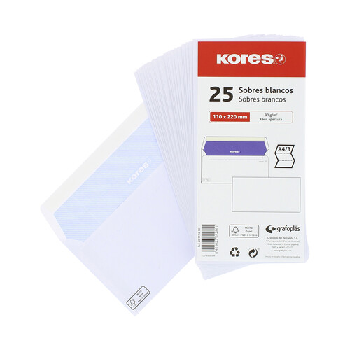 Paquete de 25 sobres de tamaño 110 x 200 mm, peso de 90 g/m² y de color blanco KORES.