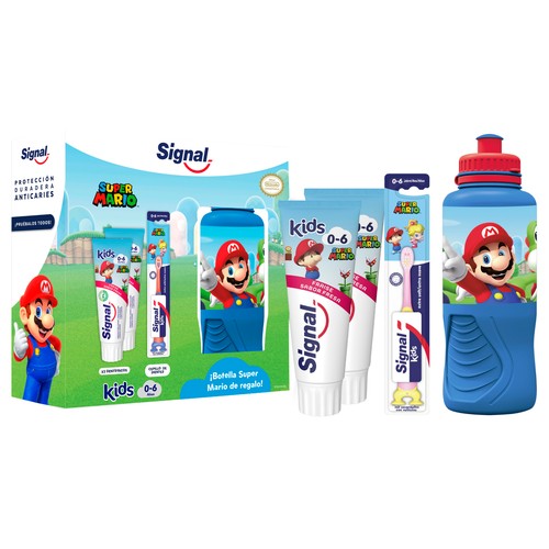 SIGNAL Super Mario - Kit cuidado bucal con 2 pastas y un cepillo de dientes infantil (0 - 6 años).