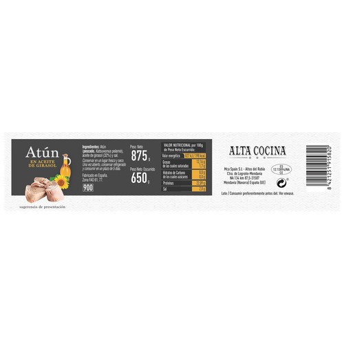 ALTA COCINA Lomos de atún en aceite 650 g.