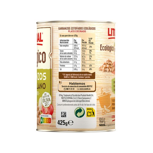LITORAL ECOLÓGICO Garbanzos con sofrito, variedad Pedrosillano, ecológicos 425 g.