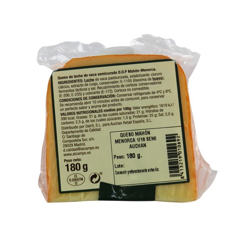 AUCHAN Queso semicurado de vaca D.O.P. Mahón-Menorca 180 g. Producto Alcampo