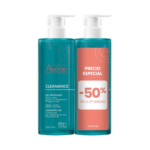 THERMALE AVÉNE Cleanance Gel limpiador purificante, para pieles grasas y / o con tendencia acneica 2 x 400 ml.