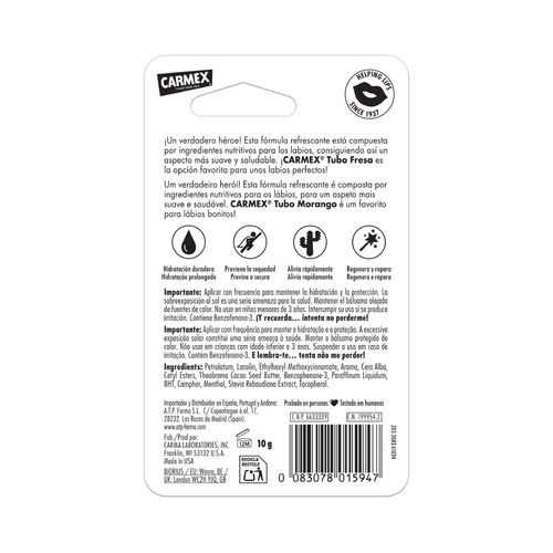 CARMEX Bálsamo labial hidratante con FPS 15 y sabor a fresa.