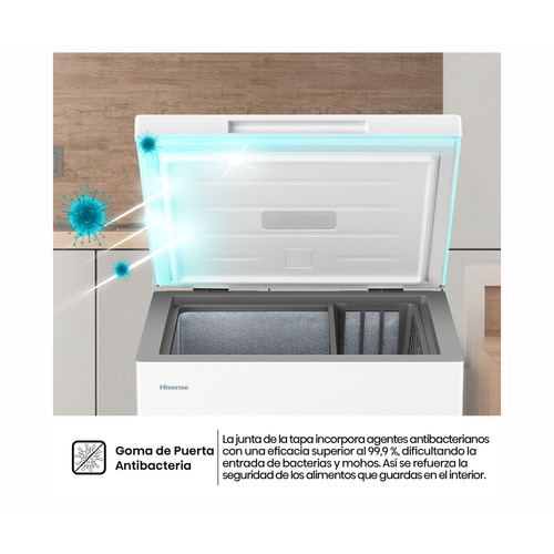 Congelador horizontal HISENSE FT100N1AWDL, clasificación energética: D, H: 85,8cm, A: 57,8cm, F: 44,4cm, capacidad total: 97L.