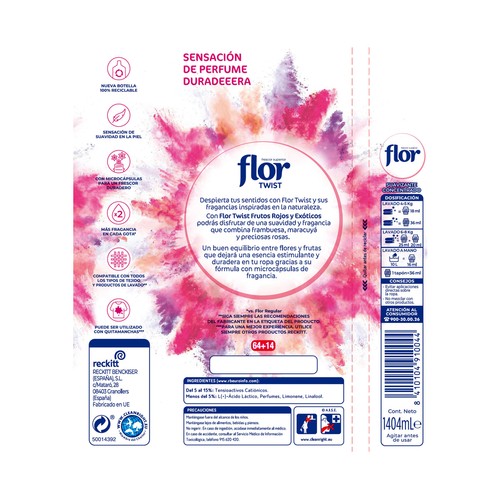 FLOR Suavizante concentrado con aroma a frutos rojos y exóticos Twist, 78 lavados 1,404 L.