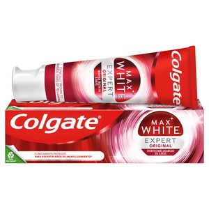 COLGATE Max white expert original Pasta de dientes blanqueadora con flúor, sabor menta 75 ml.