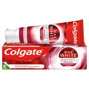 COLGATE Max white expert original Pasta de dientes blanqueadora con flúor, sabor menta 75 ml.