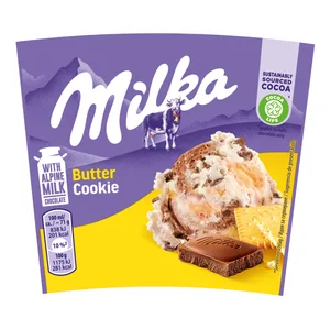 MILKA Tarrina de helado de vainilla con galletas de mantequilla y trozos de chocolate 425 ml.