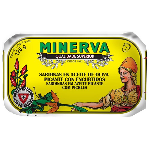 MINERVA Sardinas en aceite de oliva picante con encurtidos 120 g.