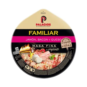 PALACIOS Pizza familiar de masa fina y crujiente de jamón, bacon y queso PALACIOS 580 g.