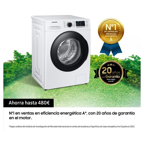 Lavadora SAMSUNG WW90TA046AE/EC, capacidad de carga: 9KG, clasificación energética: A, 1400RPM, H: 85cm, A: 55cm, F: 60cm.