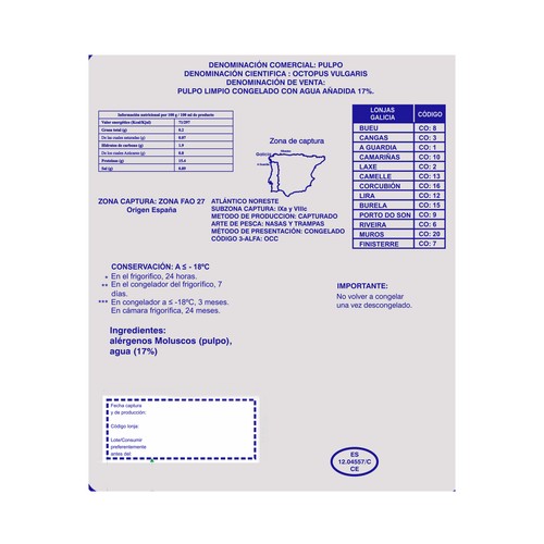 GALLEGO PEREIRA Pulpo crudo y congelado de las Rías gallegas entero 1.5 a 2 Kg. (peso aproximado).