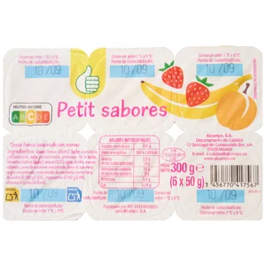 PRODUCTO ECONÓMICO ALCAMPO Petit suisse de diferentes sabores (fresa, plátano, naranja) 6 x 50 g.