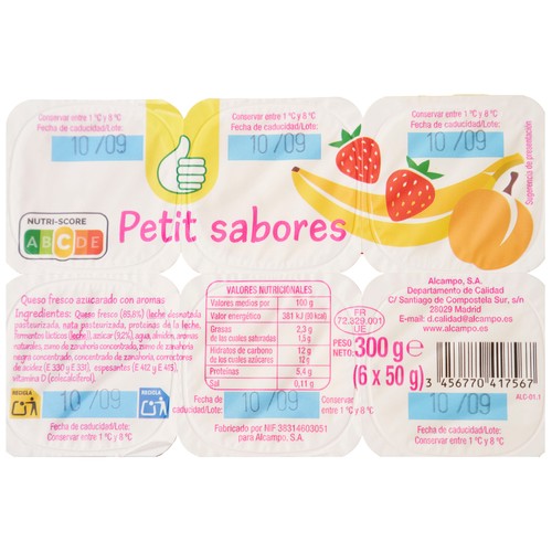 Petit suisse de diferentes sabores (fresa, plátano, naranja) PRODUCTO ECONÓMICO ALCAMPO 6 x 50 g.