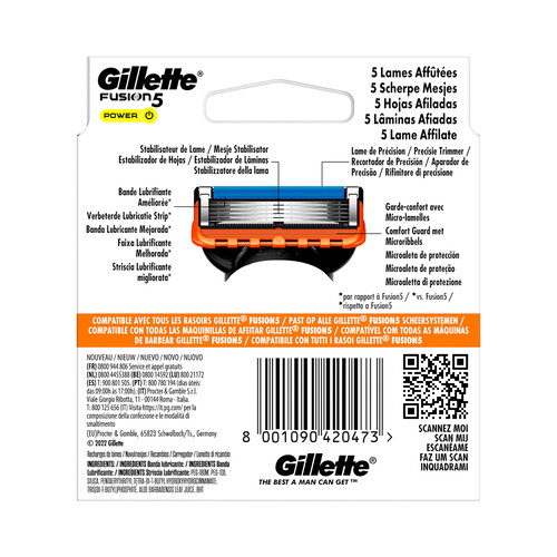 GILLETTE Recambio de cuchillas de 5 hojas para maquinillas de afeitar GILLETTE Fusion 5 power 8 uds.