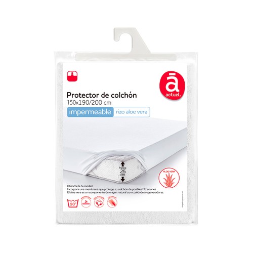 Protector colchón 150X190/200cm hasta 25cm de altura, rizo, de polietileno, impermeable, modelo Aloe Vera. ACTUEL