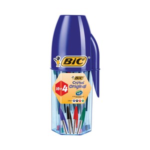 Imagen de Bolígrafos con tapa triangular, con tinta base de aceite de colores azul (8), negro (6), rojo (4) y verde (2), guardados en un bote con forma de boli Bic Cristal.